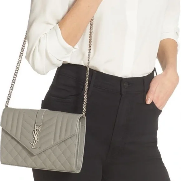 NWOT Saint Laurent Monogram Matelassé Leather Wallet on a Chain in Stone Grey - Picture 2 of 5